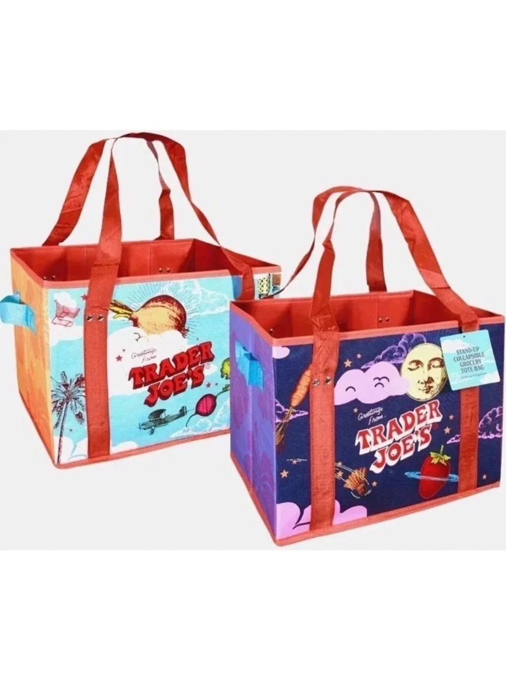 Trader Joe's Stand-Up Collapsible Grocery Tote Bag - Blue & White x2